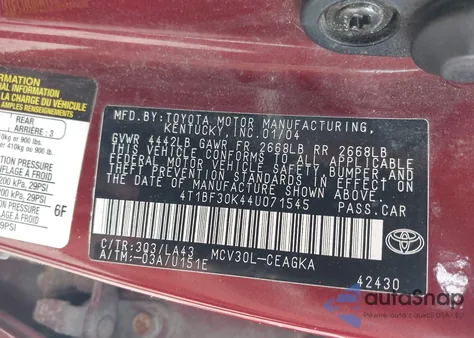 2004 Toyota Camry Xle V6 из США, поврежденный, VIN 4T1BF30K44U071545